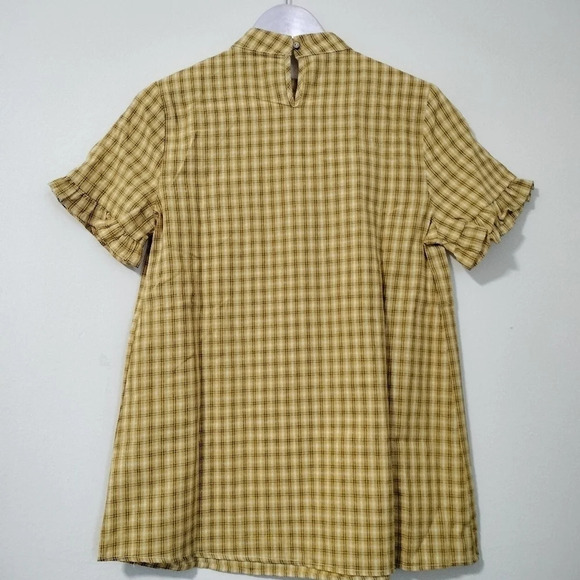 Polagram Sz Medium Yellow Plaid Top High Collar Short Sleeves Keyhole Back NWOT - Picture 3 of 7